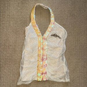 White Lace Halter Top with Sequin Detail